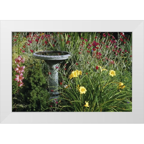 Canada, Manitoba, Fountain in garden White Modern Wood Framed Art Print by Grandmaison, Mike