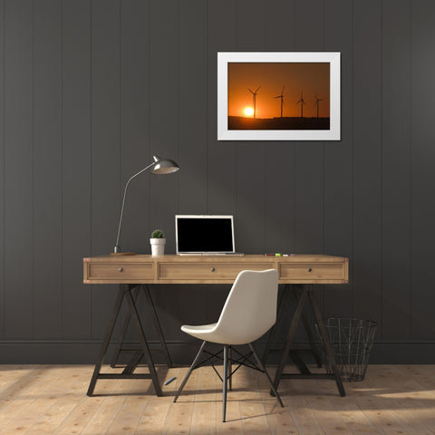 Canada, Somerset Wind turbines at sunset White Modern Wood Framed Art Print by Grandmaison, Mike