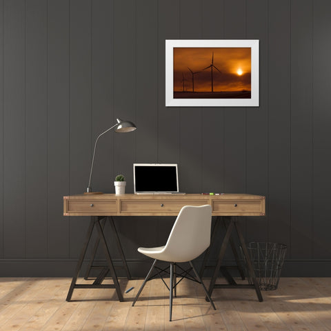 Canada, Somerset Wind turbines at sunset White Modern Wood Framed Art Print by Grandmaison, Mike