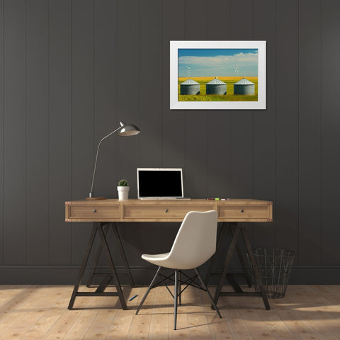 Canada, Somerset Wind turbines and grain bins White Modern Wood Framed Art Print by Grandmaison, Mike
