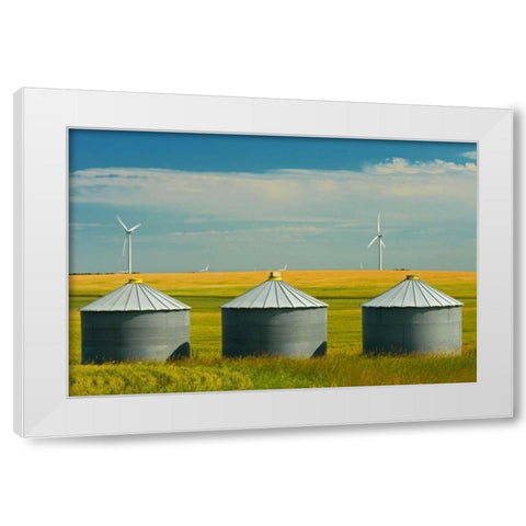 Canada, Somerset Wind turbines and grain bins White Modern Wood Framed Art Print by Grandmaison, Mike