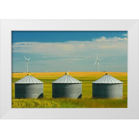 Canada, Somerset Wind turbines and grain bins White Modern Wood Framed Art Print by Grandmaison, Mike