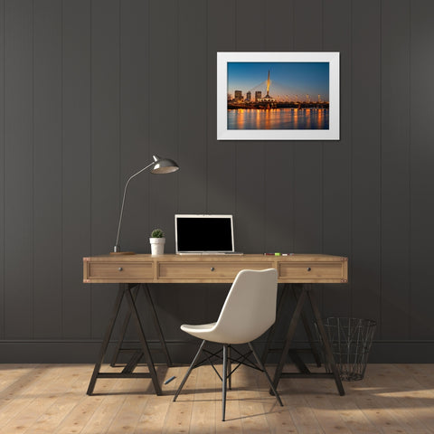 Canada-Manitoba-Winnipeg Esplanade Bridge over Red River at sunset White Modern Wood Framed Art Print by Jaynes Gallery