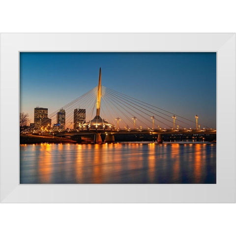 Canada-Manitoba-Winnipeg Esplanade Bridge over Red River at sunset White Modern Wood Framed Art Print by Jaynes Gallery
