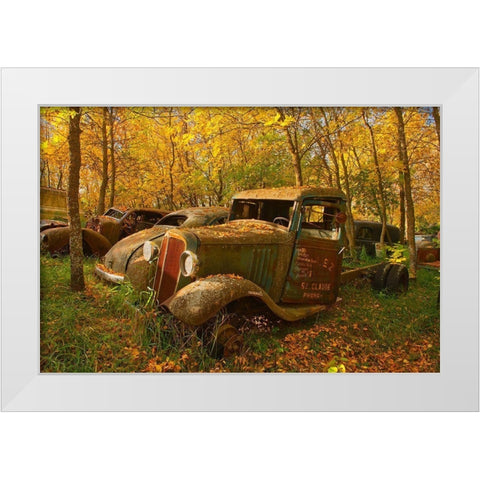 Canada-Manitoba-St Lupicin Vintage old vehicles in wrecking yard White Modern Wood Framed Art Print by Jaynes Gallery