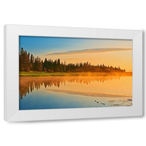 Canada-Manitoba-Riding Mountain National Park Fog rising above Whirlpool Lake at sunrise White Modern Wood Framed Art Print by Jaynes Gallery