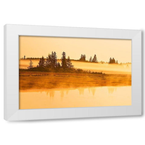 Canada-Manitoba-Riding Mountain National Park Fog rising above Whirlpool Lake at sunrise White Modern Wood Framed Art Print by Jaynes Gallery