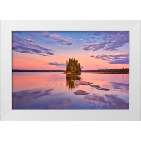 Canada- Manitoba- Paint Lake Provincial Park. Island on Paint Lake at sunrise. White Modern Wood Framed Art Print by Jaynes Gallery
