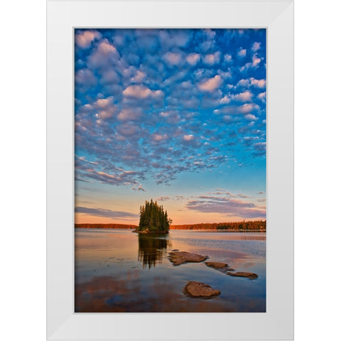Canada- Manitoba- Paint Lake Provincial Park. Island on Paint Lake at sunrise. White Modern Wood Framed Art Print by Jaynes Gallery