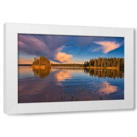 Canada- Manitoba- Paint Lake Provincial Park. Island on Paint Lake at sunrise. White Modern Wood Framed Art Print by Jaynes Gallery