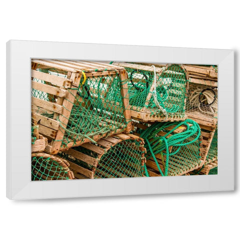 Fishing nets and lobster pots traps-Old Pelican-Avalon Peninsula-Newfoundland-Canada White Modern Wood Framed Art Print by DeFreitas, Michael