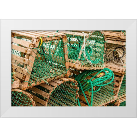 Fishing nets and lobster pots traps-Old Pelican-Avalon Peninsula-Newfoundland-Canada White Modern Wood Framed Art Print by DeFreitas, Michael