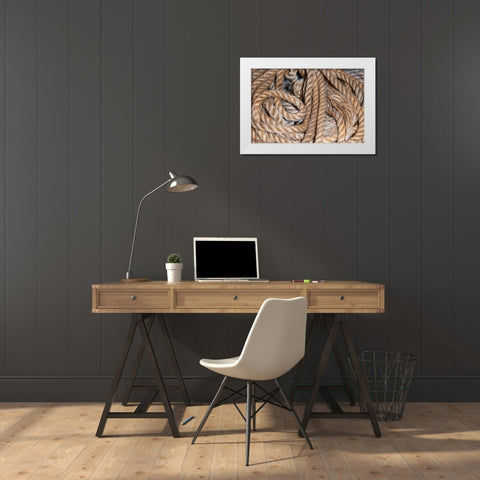 Coiled natural fiber fishing rope used in Nova Scotia fishing vessels White Modern Wood Framed Art Print by Ostrowitz, Mallorie