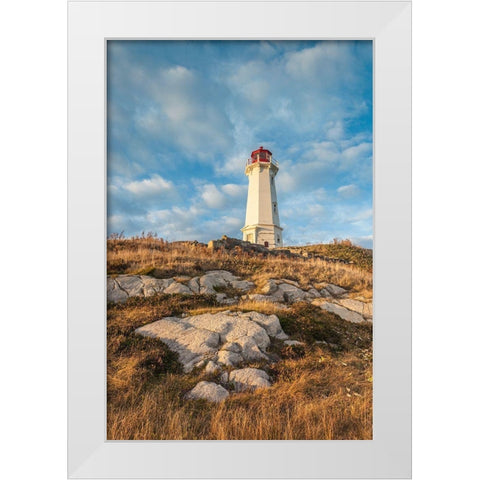 Canada-Nova Scotia-Louisbourg-Louisbourg Lighthouse-dusk White Modern Wood Framed Art Print by Bibikow, Walter
