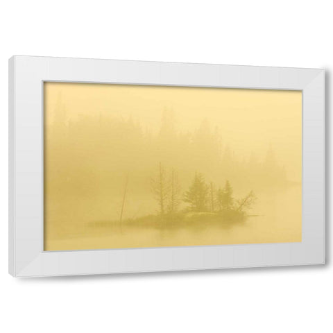 Canada, Ontario Fog on lake with small island White Modern Wood Framed Art Print by Grandmaison, Mike