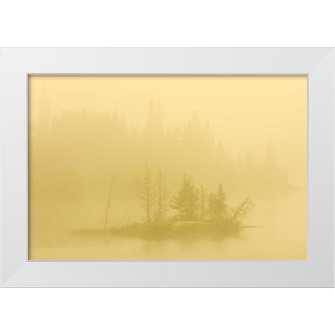Canada, Ontario Fog on lake with small island White Modern Wood Framed Art Print by Grandmaison, Mike