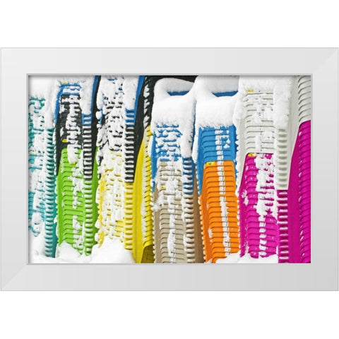 Canada, Dorset Snow-covered stacked chairs White Modern Wood Framed Art Print by Grandmaison, Mike