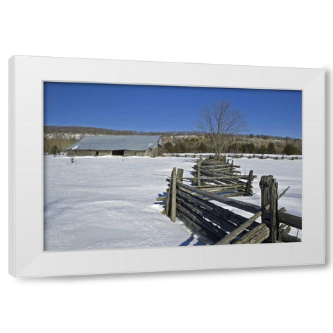 Canada, Sheguindah Fence and barn in winter White Modern Wood Framed Art Print by Grandmaison, Mike