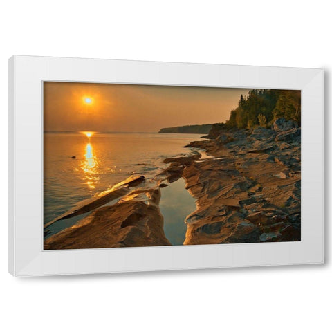 Canada-Ontario-Bruce Peninsula National Park Sunset on limestone rock White Modern Wood Framed Art Print by Jaynes Gallery