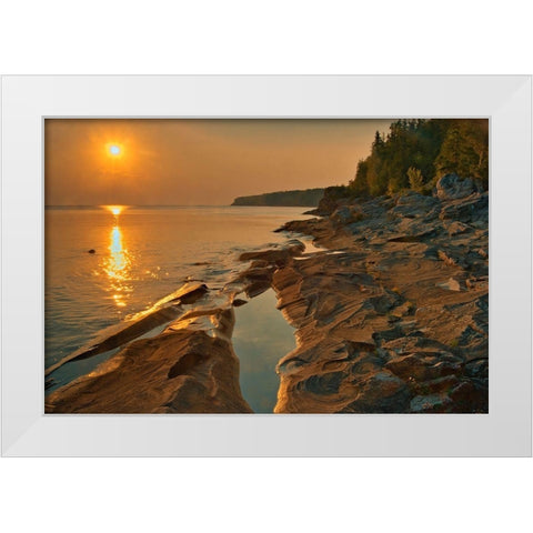 Canada-Ontario-Bruce Peninsula National Park Sunset on limestone rock White Modern Wood Framed Art Print by Jaynes Gallery