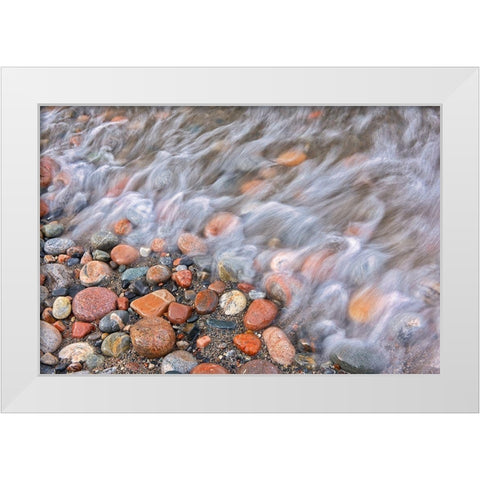 Canada-Ontario-Marathon Rocks and driftwood on Pebble Lake Superiors Beach White Modern Wood Framed Art Print by Jaynes Gallery