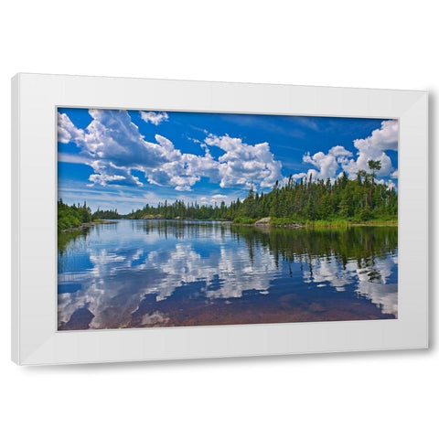 Canada-Ontario-Obatanga Provincial Park-Clouds reflected in Burnfield Lake White Modern Wood Framed Art Print by Jaynes Gallery