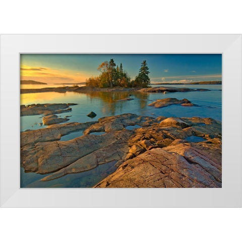 Canada-Ontario-Caron Island and Lake Superior St sunrise-Rossport White Modern Wood Framed Art Print by Jaynes Gallery