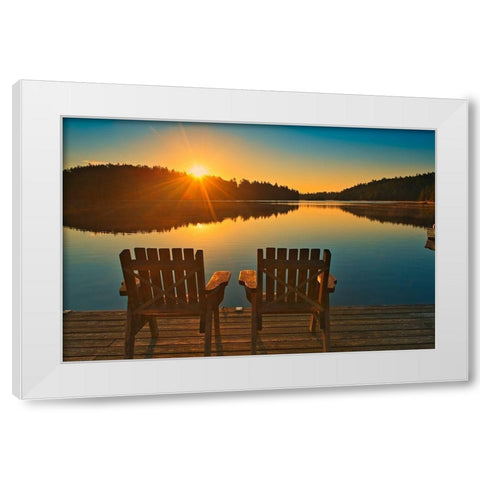 Canada-Ontario-Temagami Muskoka chairs on Snake Island Lake dock at sunrise White Modern Wood Framed Art Print by Jaynes Gallery