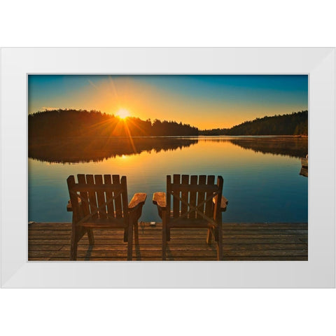 Canada-Ontario-Temagami Muskoka chairs on Snake Island Lake dock at sunrise White Modern Wood Framed Art Print by Jaynes Gallery
