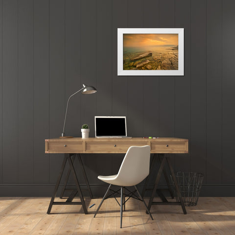 Canada-Ontario-Morning fog on Georgian Bay Limestone Rock Barrow Bay Bruce Peninsula White Modern Wood Framed Art Print by Jaynes Gallery