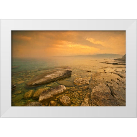Canada-Ontario-Morning fog on Georgian Bay Limestone Rock Barrow Bay Bruce Peninsula White Modern Wood Framed Art Print by Jaynes Gallery