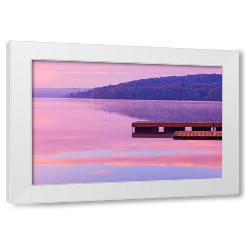 Canada-Ontario-Algonquin Provincial Park-Dock and fog on Lake of Two Rivers White Modern Wood Framed Art Print by Jaynes Gallery