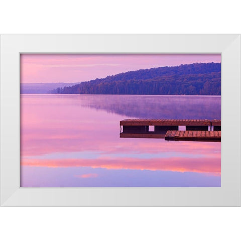 Canada-Ontario-Algonquin Provincial Park-Dock and fog on Lake of Two Rivers White Modern Wood Framed Art Print by Jaynes Gallery