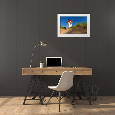 Prince Edward Island-Prince Edward Island National Park Lighthouse and dunes at Covehead Harbour White Modern Wood Framed Art Print by Jaynes Gallery