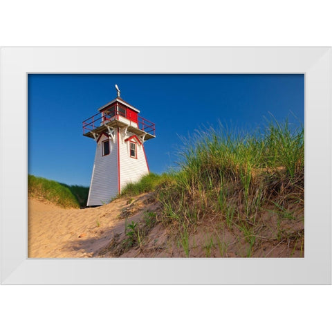 Prince Edward Island-Prince Edward Island National Park Lighthouse and dunes at Covehead Harbour White Modern Wood Framed Art Print by Jaynes Gallery