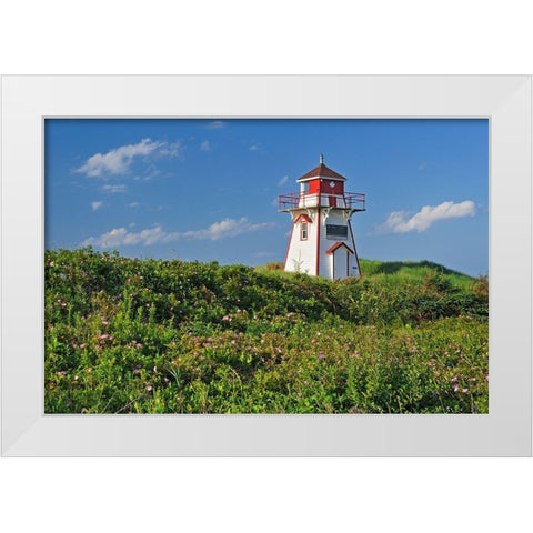 Canada-Prince Edward Island-Covehead Harbour Lighthouse and flowers White Modern Wood Framed Art Print by Jaynes Gallery