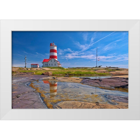 Canada-Quebec Pointe-des-Monts lighthouse along Gulf of St Lawrence White Modern Wood Framed Art Print by Jaynes Gallery