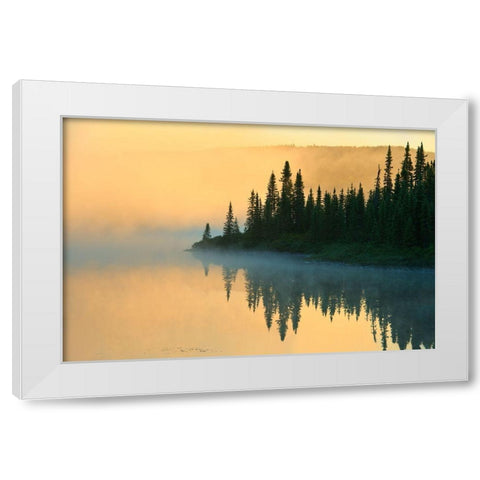Canada-Quebec-Chibougamau Lake in fog at sunrise White Modern Wood Framed Art Print by Jaynes Gallery