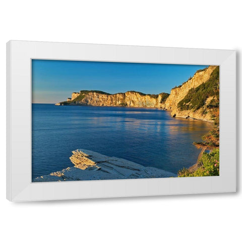 Canada-Quebec-Forillon National Park Limestone cliffs along Gulf of St Lawrence at sunrise White Modern Wood Framed Art Print by Jaynes Gallery