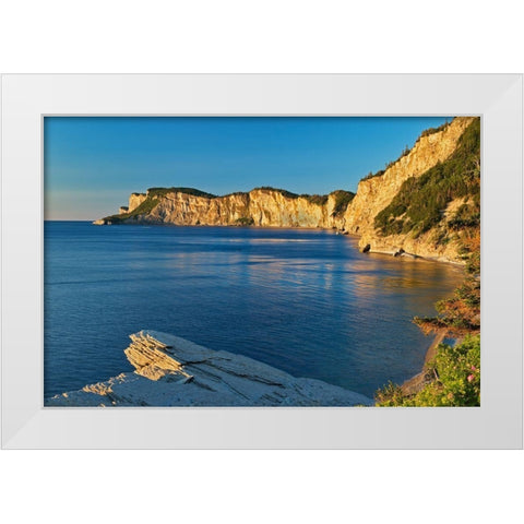 Canada-Quebec-Forillon National Park Limestone cliffs along Gulf of St Lawrence at sunrise White Modern Wood Framed Art Print by Jaynes Gallery