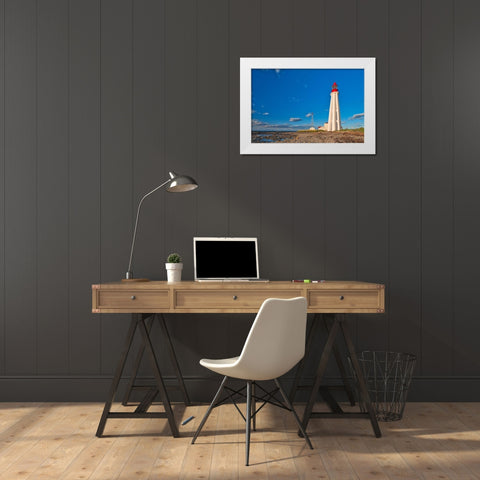 Canada-Quebec-Pointe-Au-Pere Lighthouse on shore of St Lawrence River White Modern Wood Framed Art Print by Jaynes Gallery