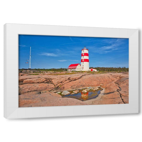 Canada-Quebec-Pointe-des-Monts Lighthouse on shore of St Lawrence River White Modern Wood Framed Art Print by Jaynes Gallery