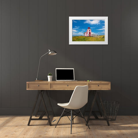 Canada-Quebec-Kamouraska Lighthouse on shore of St Lawrence River White Modern Wood Framed Art Print by Jaynes Gallery