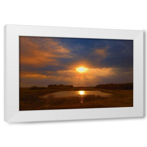 Canada, Saskatchewan, Dubuc Sunset over pond White Modern Wood Framed Art Print by Grandmaison, Mike