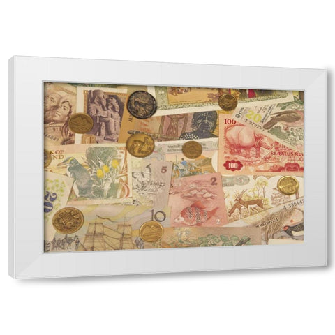 Coins and paper money from various countries White Modern Wood Framed Art Print by Satushek, Steve