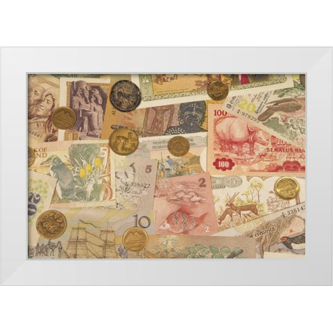 Coins and paper money from various countries White Modern Wood Framed Art Print by Satushek, Steve