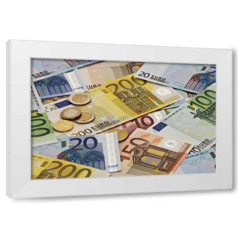 Montage mix of European paper and coin currency White Modern Wood Framed Art Print by Flaherty, Dennis