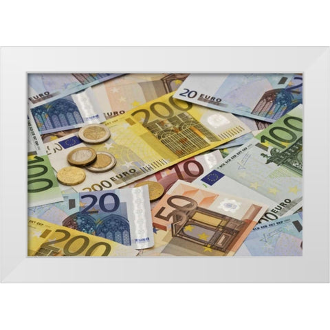 Montage mix of European paper and coin currency White Modern Wood Framed Art Print by Flaherty, Dennis