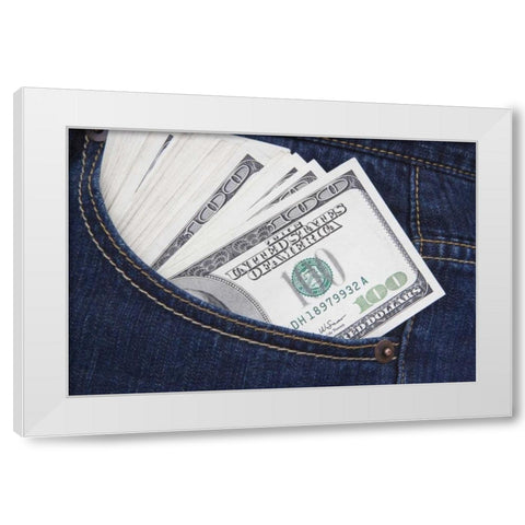 Some US $100 bills in a jeans pocket White Modern Wood Framed Art Print by Flaherty, Dennis