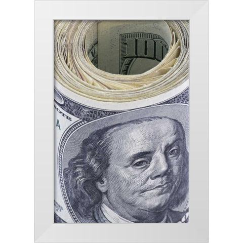 Close-up of a roll of US $100 bills White Modern Wood Framed Art Print by Flaherty, Dennis